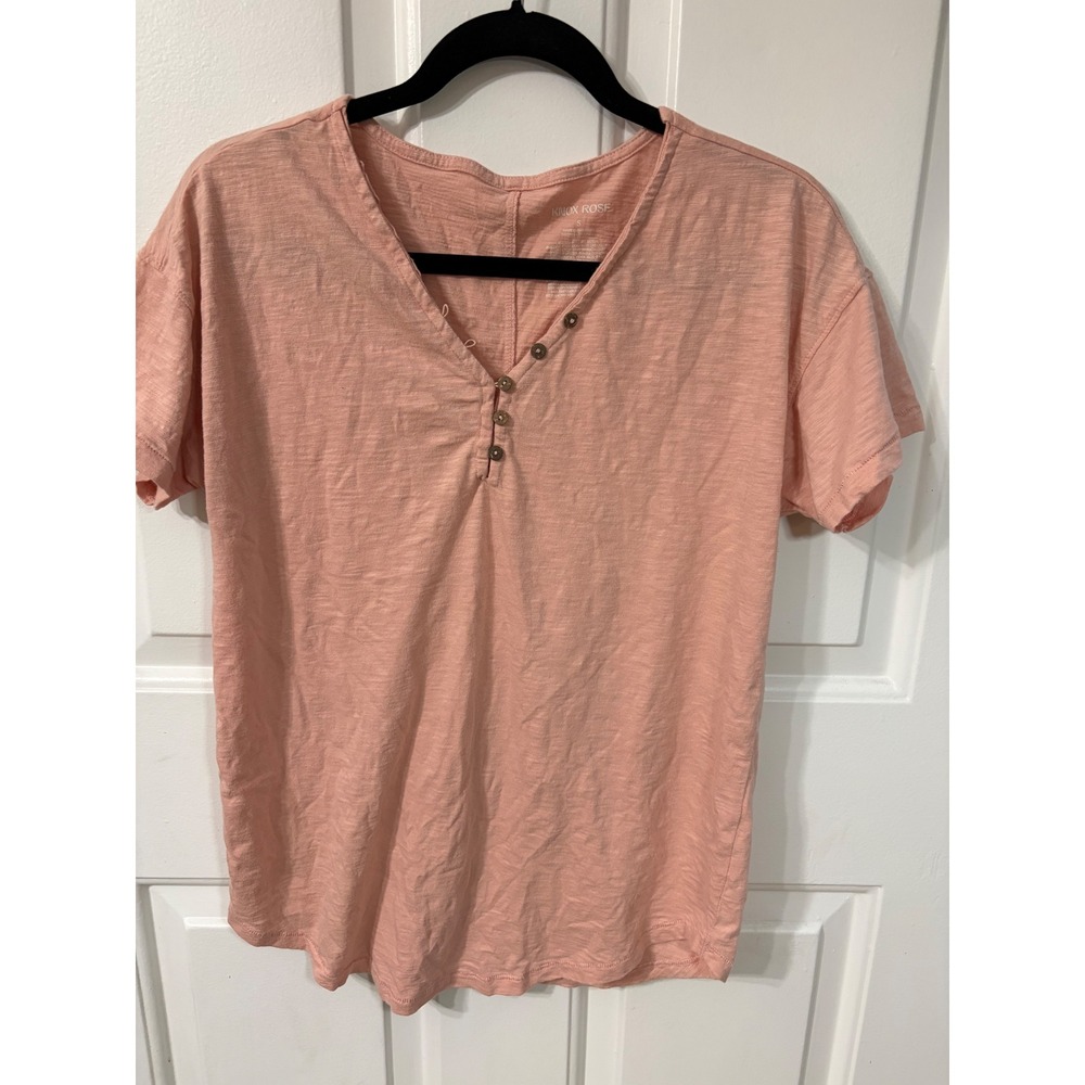 Set of 2 Henley V-Neck Short Sleeve Slub Tee | S || Olive & Pink| Knox Rose - Picture 2 of 6